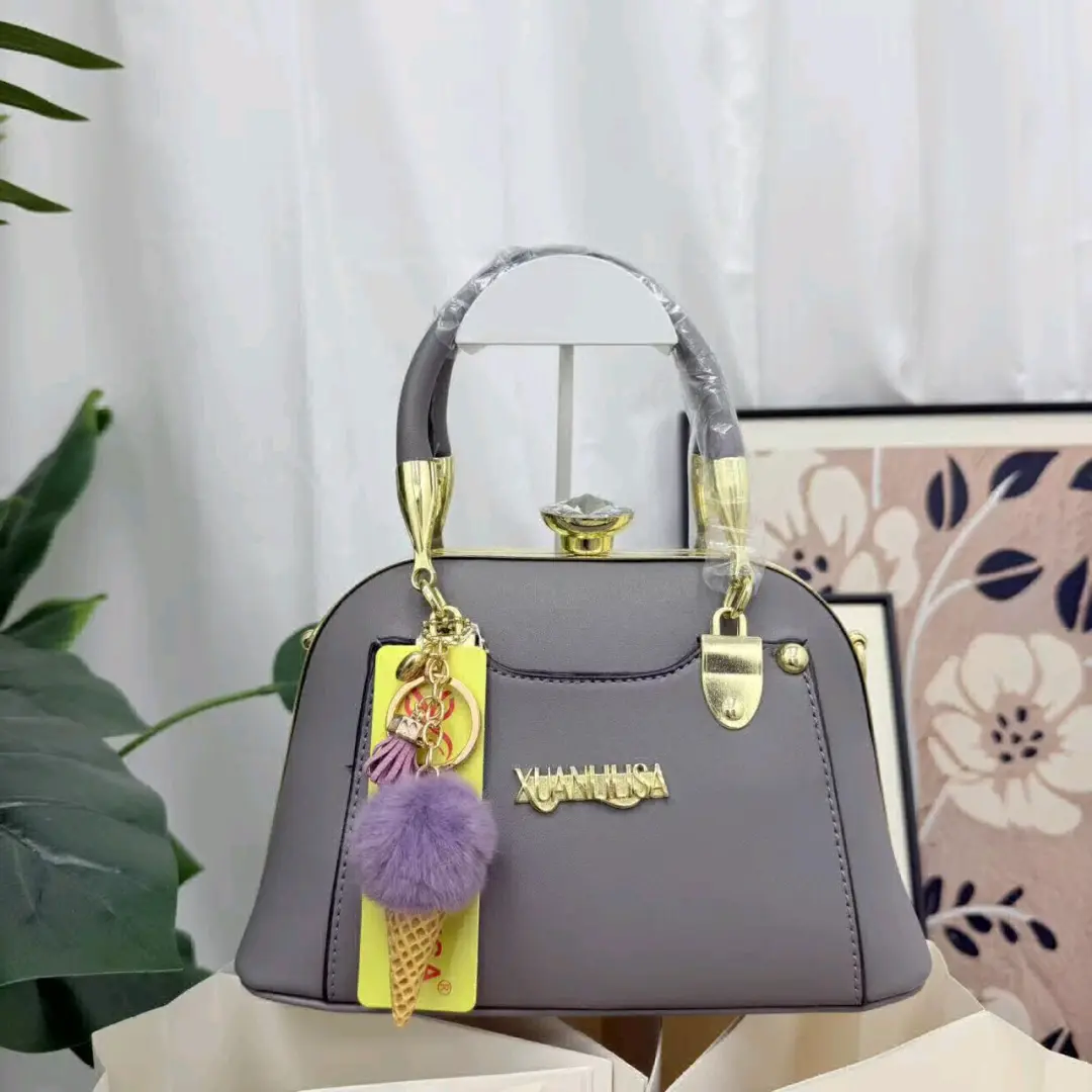 Grey Fashion Handbag with Pom-pom