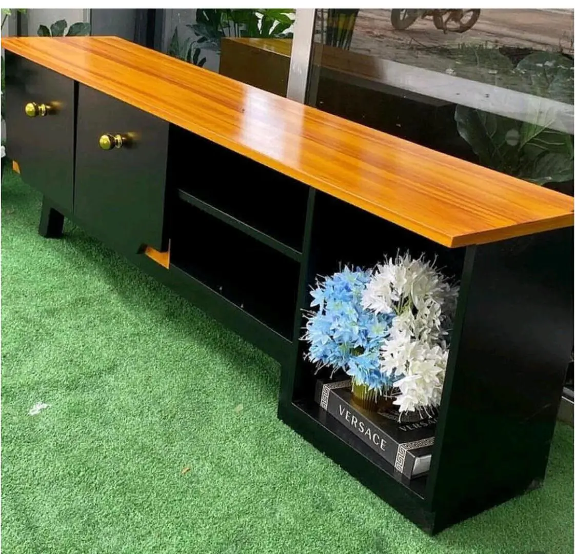 Modern Black TV Stand with Wooden Top