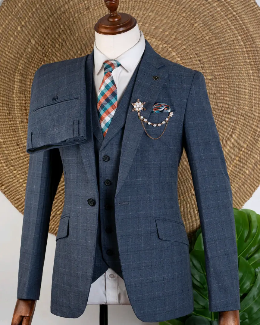 Dark Blue Windowpane Three-Piece Suit