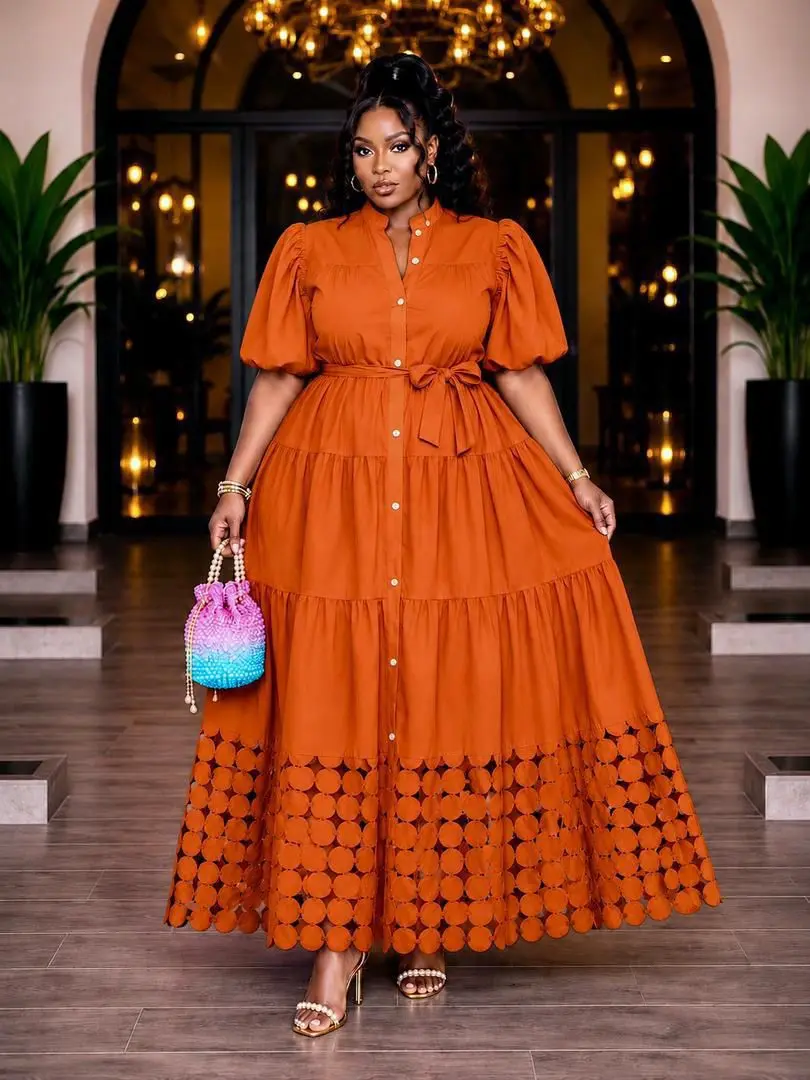 Cotton Button-Down Dress with Puff Sleeves