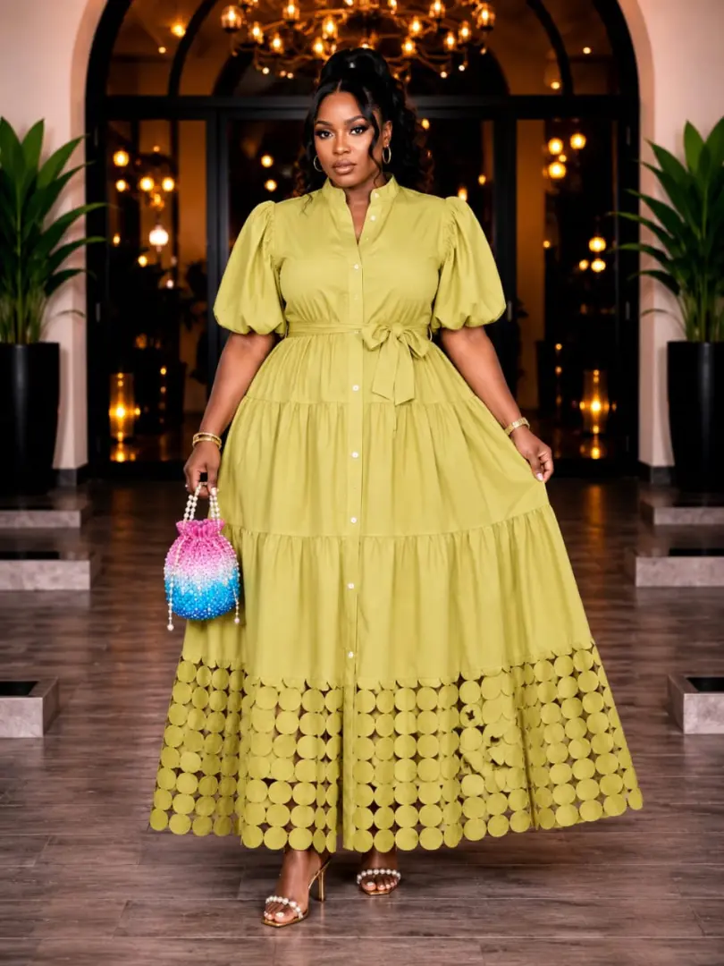 Cotton Button-Down Dress with Puff Sleeves thumbnail 2