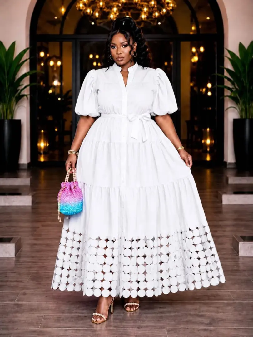 Cotton Button-Down Dress with Puff Sleeves thumbnail 3