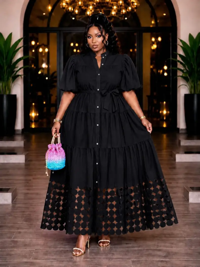 Cotton Button-Down Dress with Puff Sleeves thumbnail 4