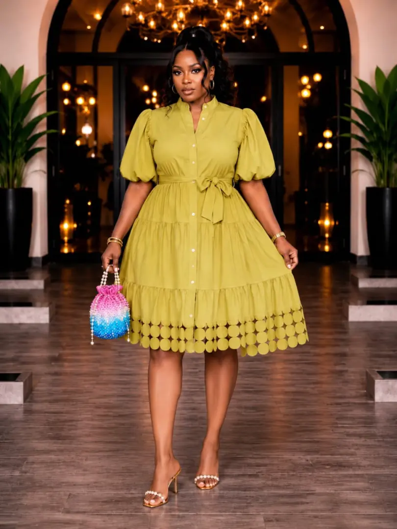 Cotton Button-Down Dress with Puff Sleeves thumbnail 6