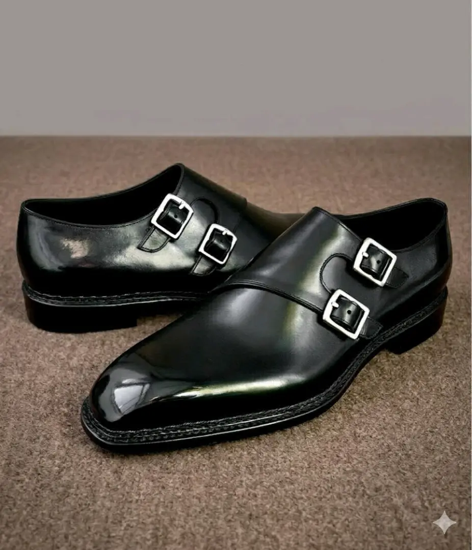 DE ROSSI Men's Black Leather Monk Strap Shoes