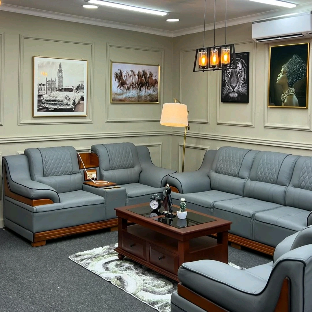Luxurious Grey Leather Sofa Set with Coffee Table