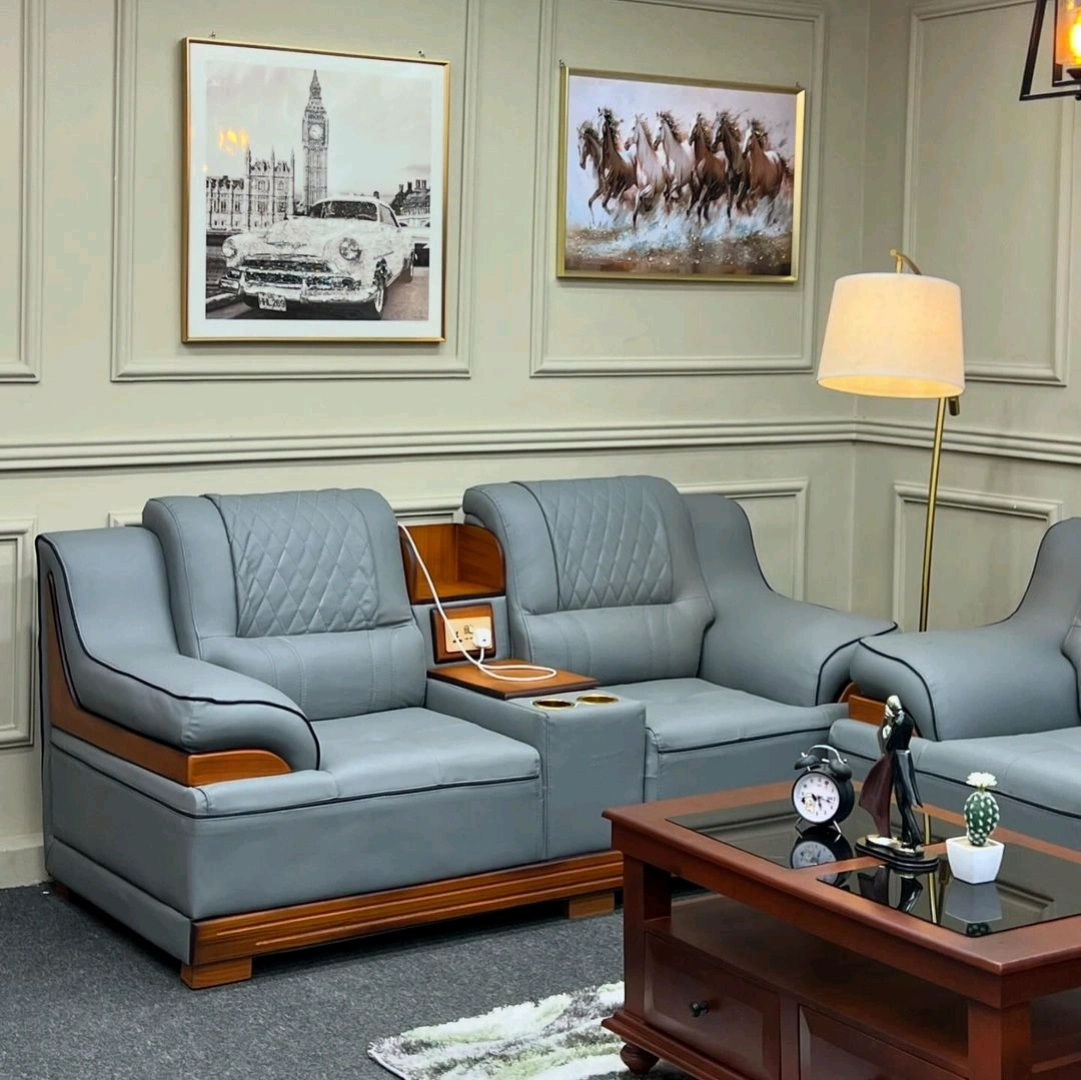 Luxurious Grey Leather Sofa Set with Coffee Table thumbnail 2