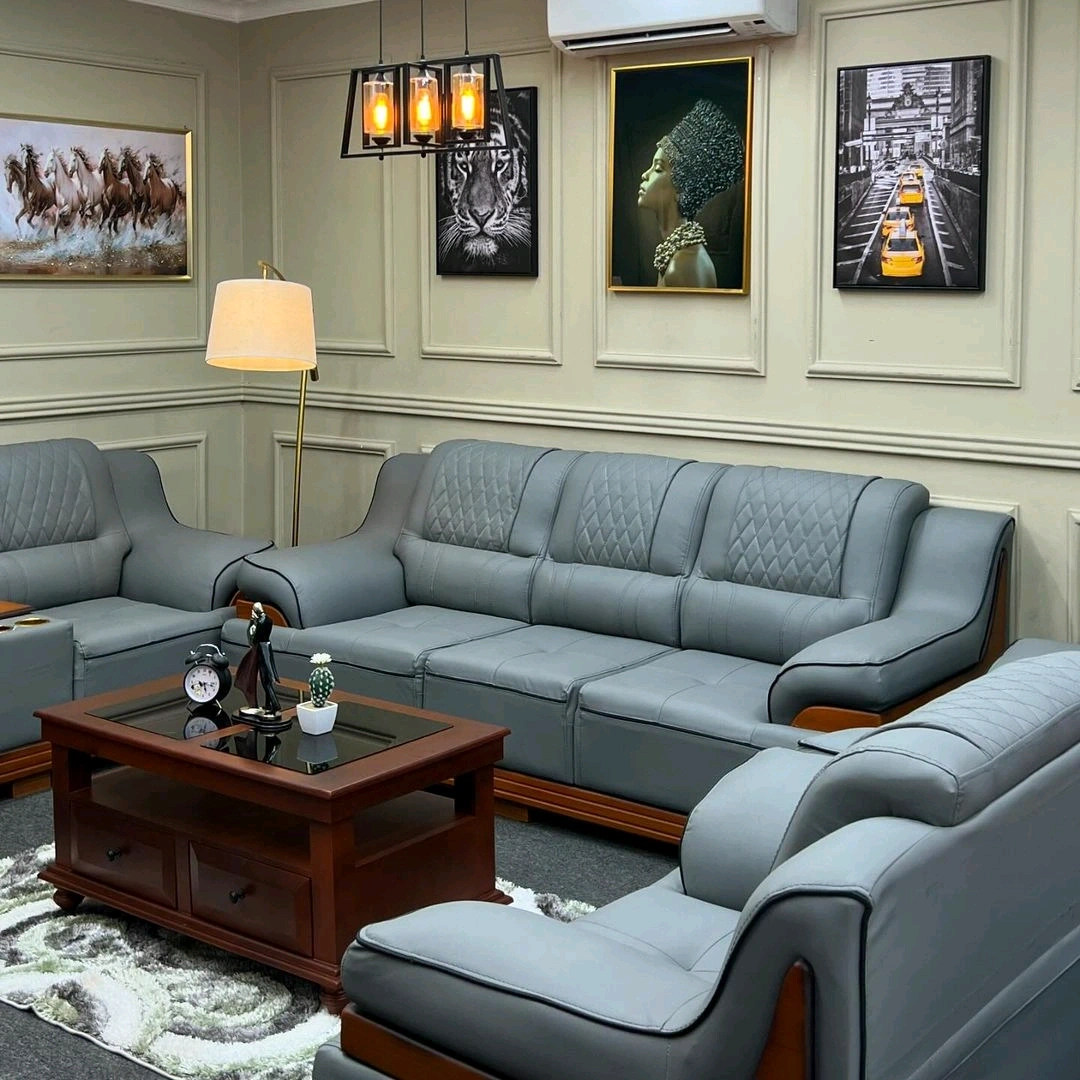 Luxurious Grey Leather Sofa Set with Coffee Table thumbnail 4