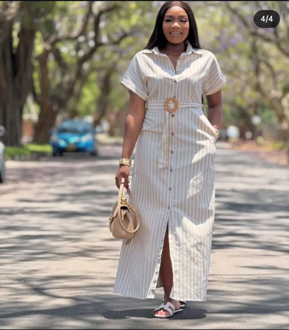 New Free Size Striped Maxi Shirt Dress thumbnail 3