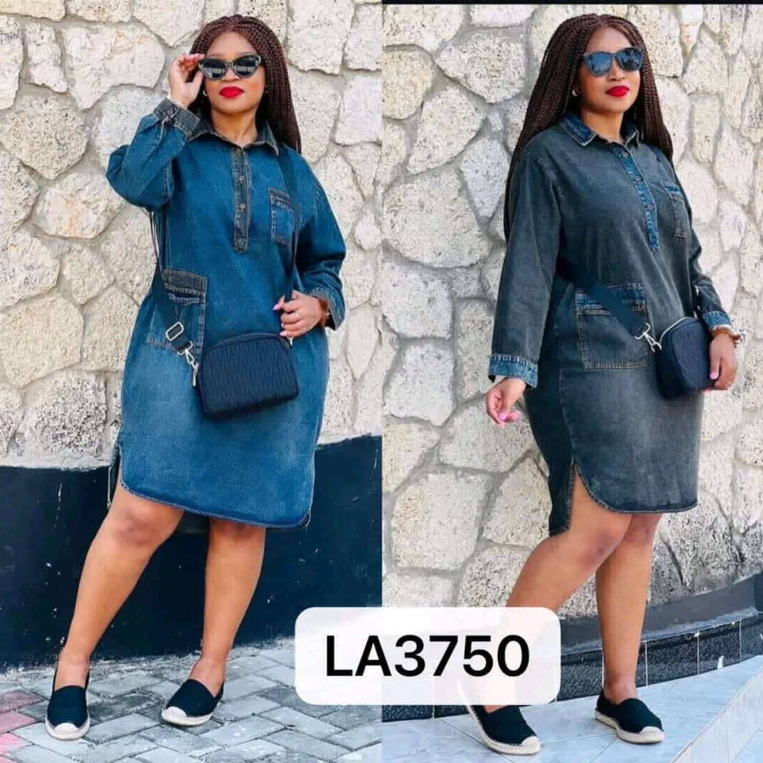 Dark Denim Long-Sleeved Dress by Prince Fashion thumbnail 4