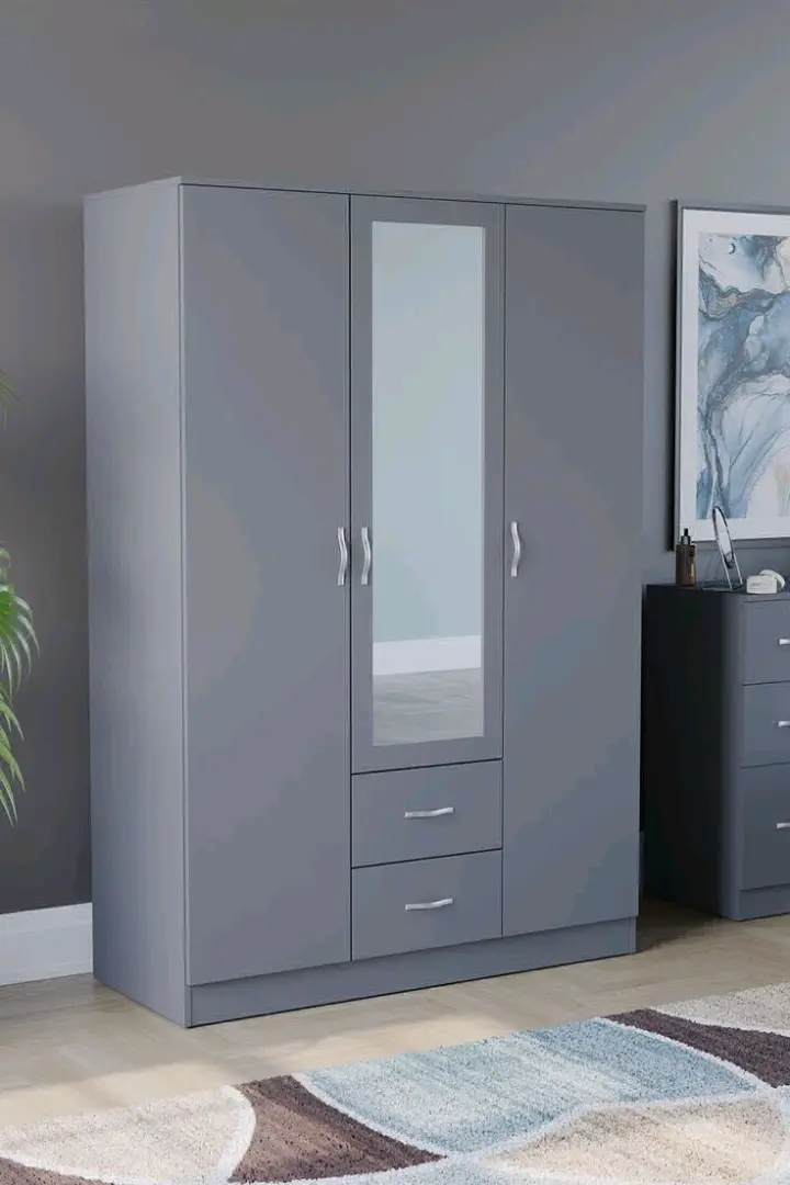 Modern Gray Hardwood 3-Door Wardrobe with Mirror