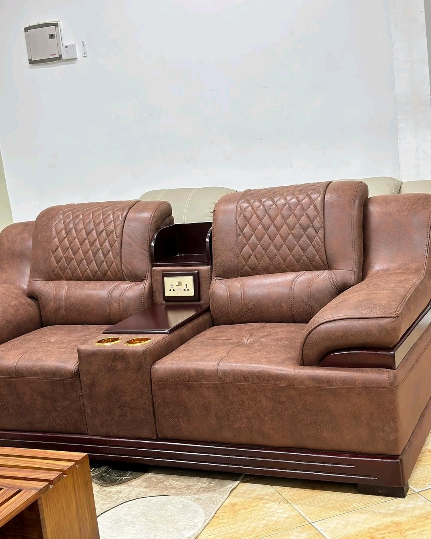 Brown Leather Two-Seater Sofa with Console and USB Ports