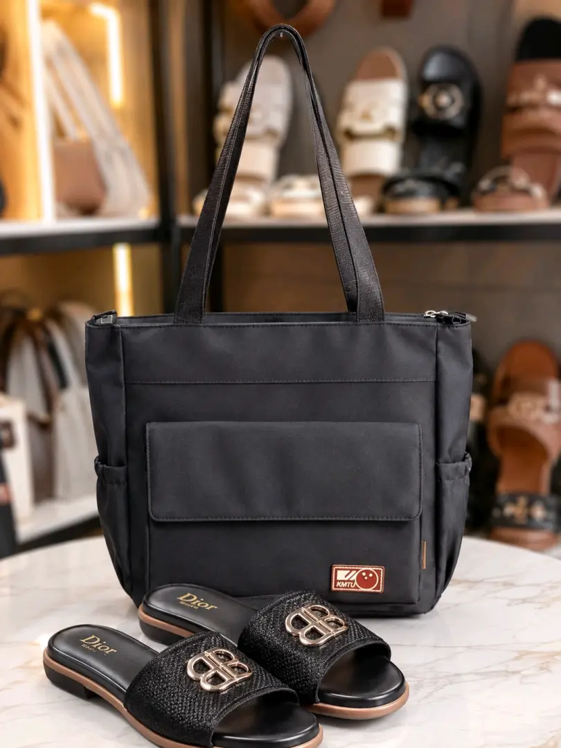 Black Tote Handbag & Slides Set
