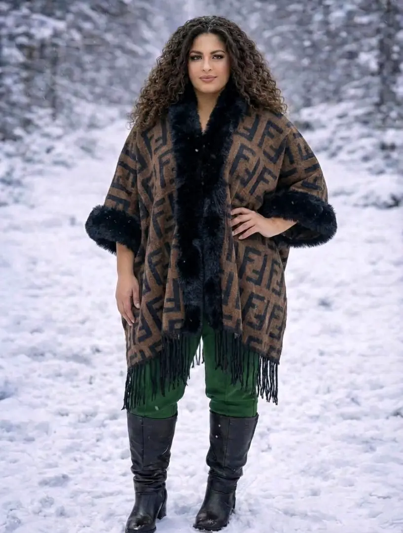 Womens Poncho/Cape Brown Black Patterned