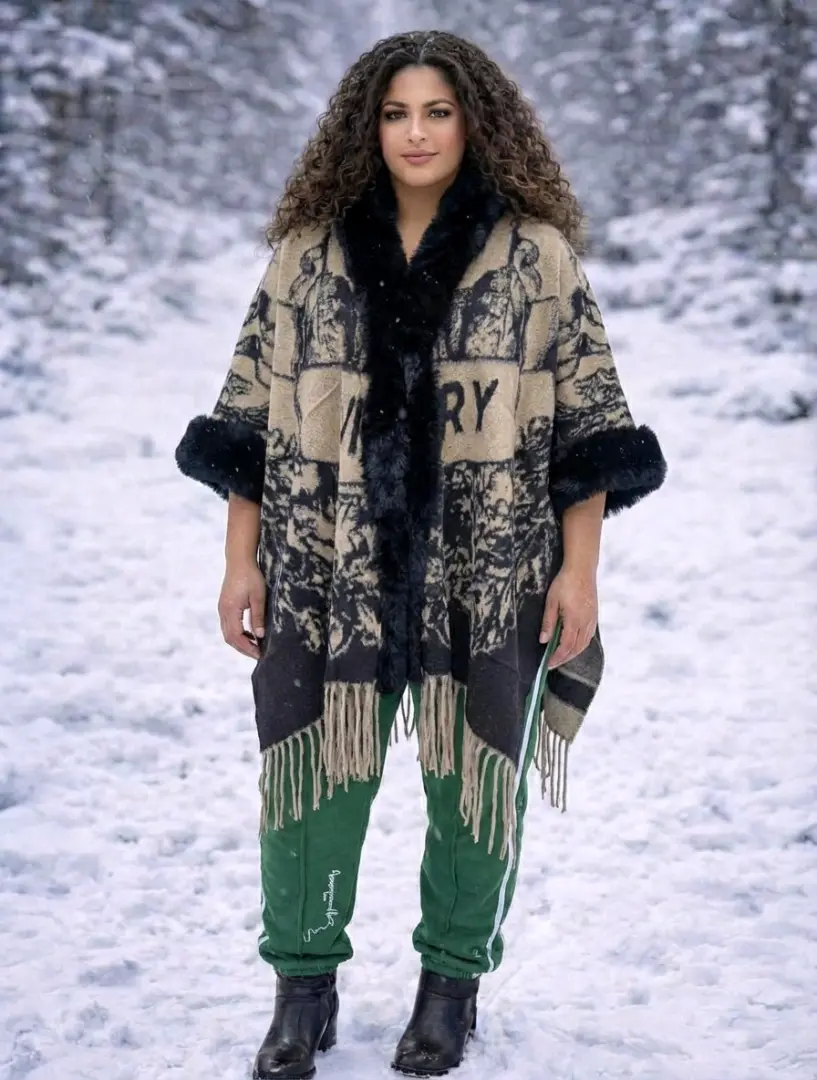 Womens Poncho/Cape Brown Black Patterned thumbnail 2