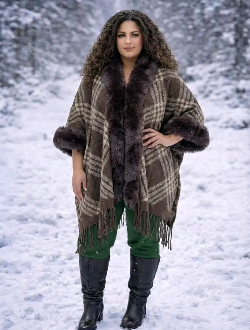 Womens Poncho/Cape Brown Black Patterned thumbnail 4