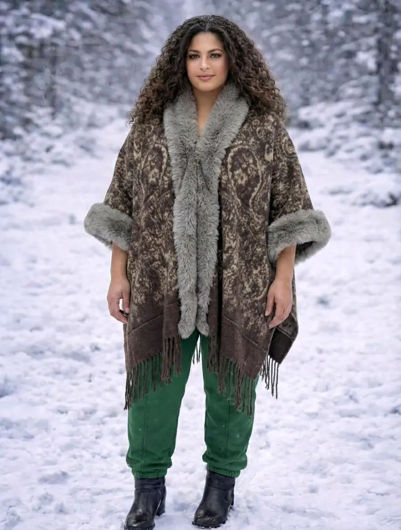 Womens Poncho/Cape Brown Black Patterned thumbnail 5