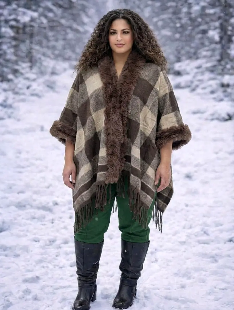 Womens Poncho/Cape Brown Black Patterned thumbnail 6