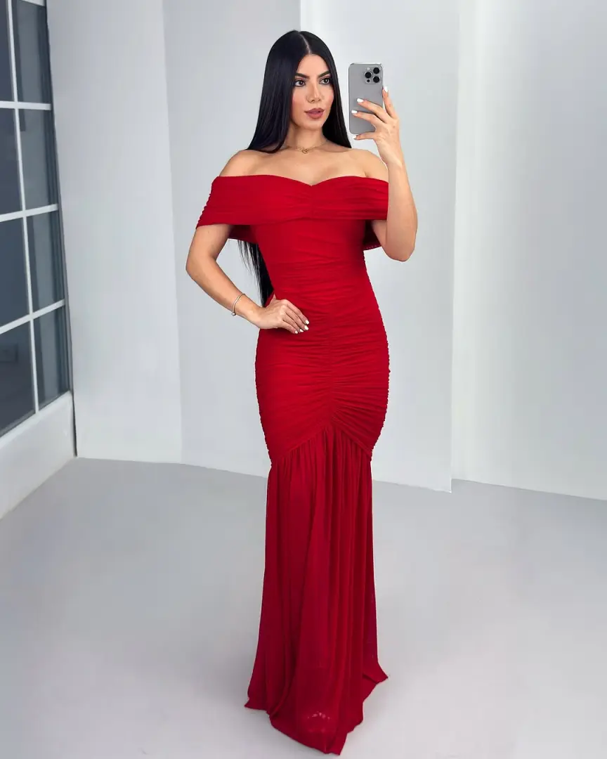 Red Off-the-Shoulder Evening Dress thumbnail 2