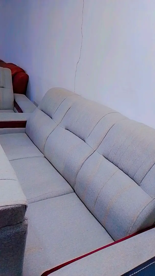 Modern Light Gray Fabric Sofa with Wooden Armrests thumbnail 2