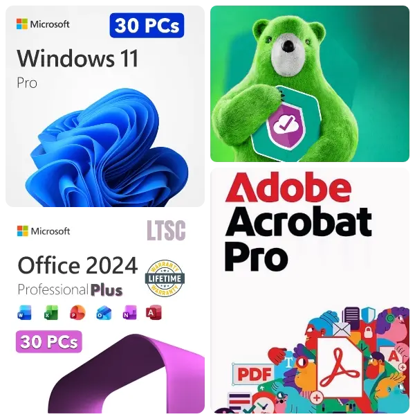 Windows 11 Pro, Office 2024, Adobe & Kaspersky Bundle (30 PCs)