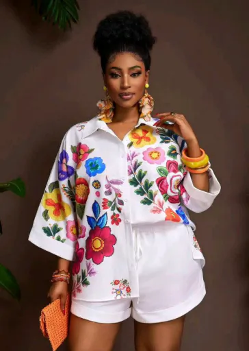 Veslaya Brand Two-Piece Floral Shirt & Shorts Set