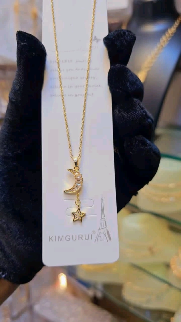 Gold Crescent Moon and Star Necklace (KIMGURUI)