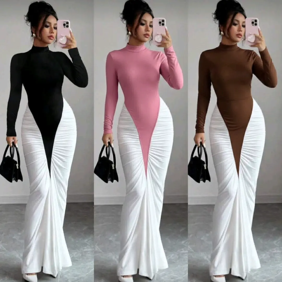 Long-Sleeved High-Neck Dress with Draped Skirt