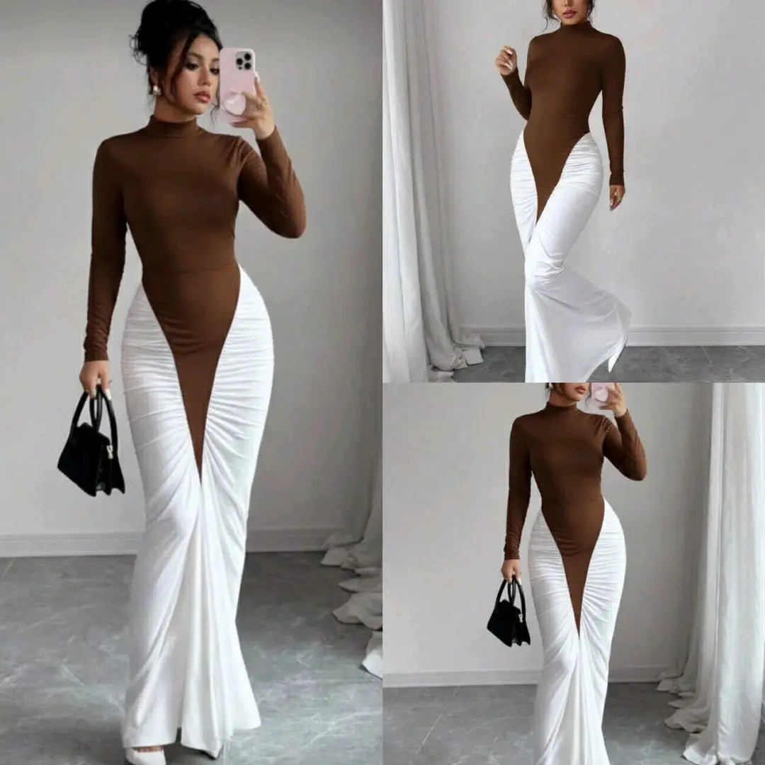 Long-Sleeved High-Neck Dress with Draped Skirt thumbnail 2