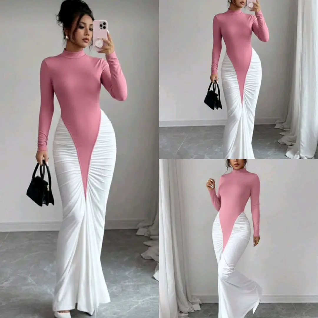 Long-Sleeved High-Neck Dress with Draped Skirt thumbnail 3