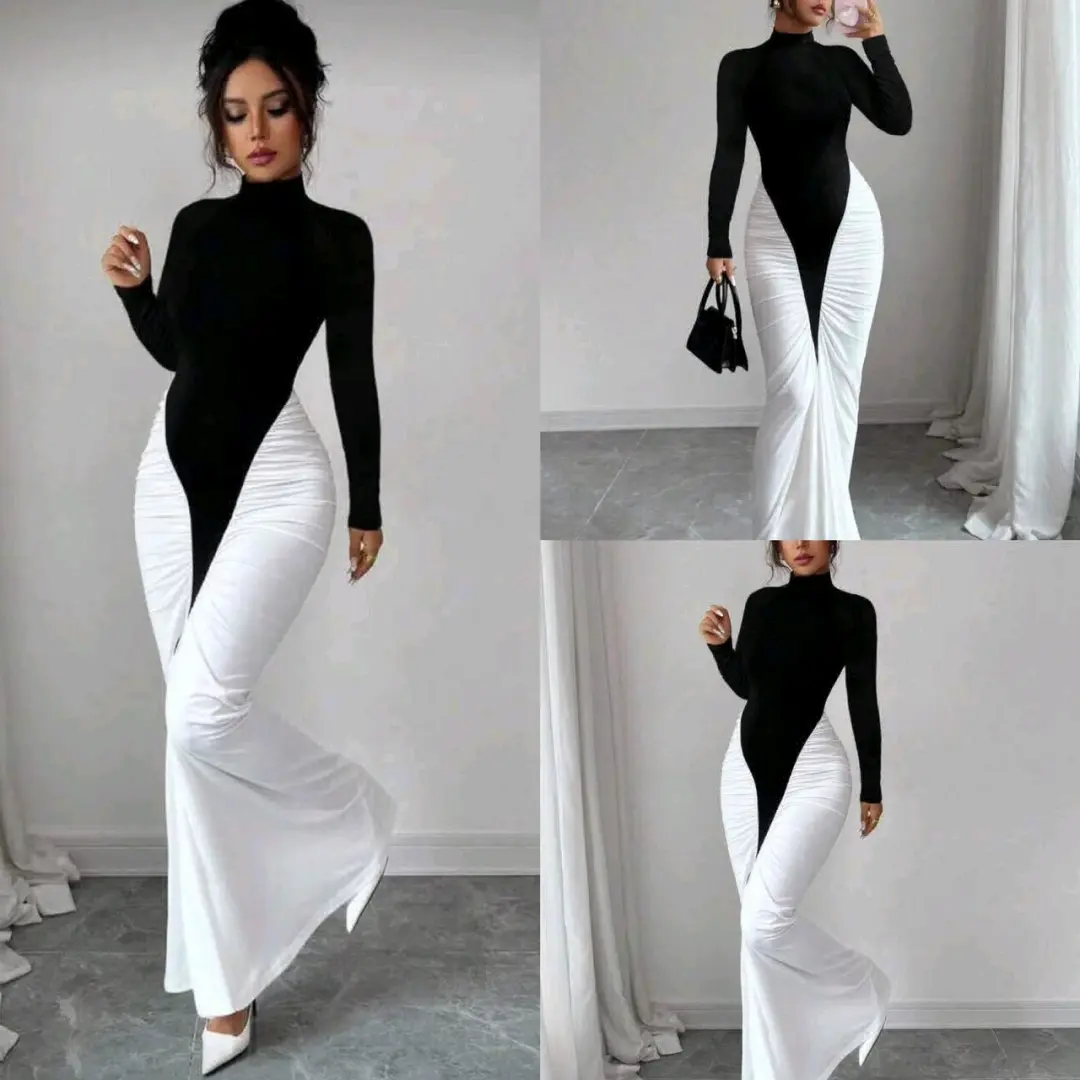 Long-Sleeved High-Neck Dress with Draped Skirt thumbnail 4