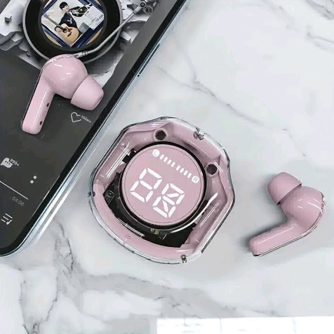 Pink Wireless Earbuds (AirPods Style) with Digital Display
