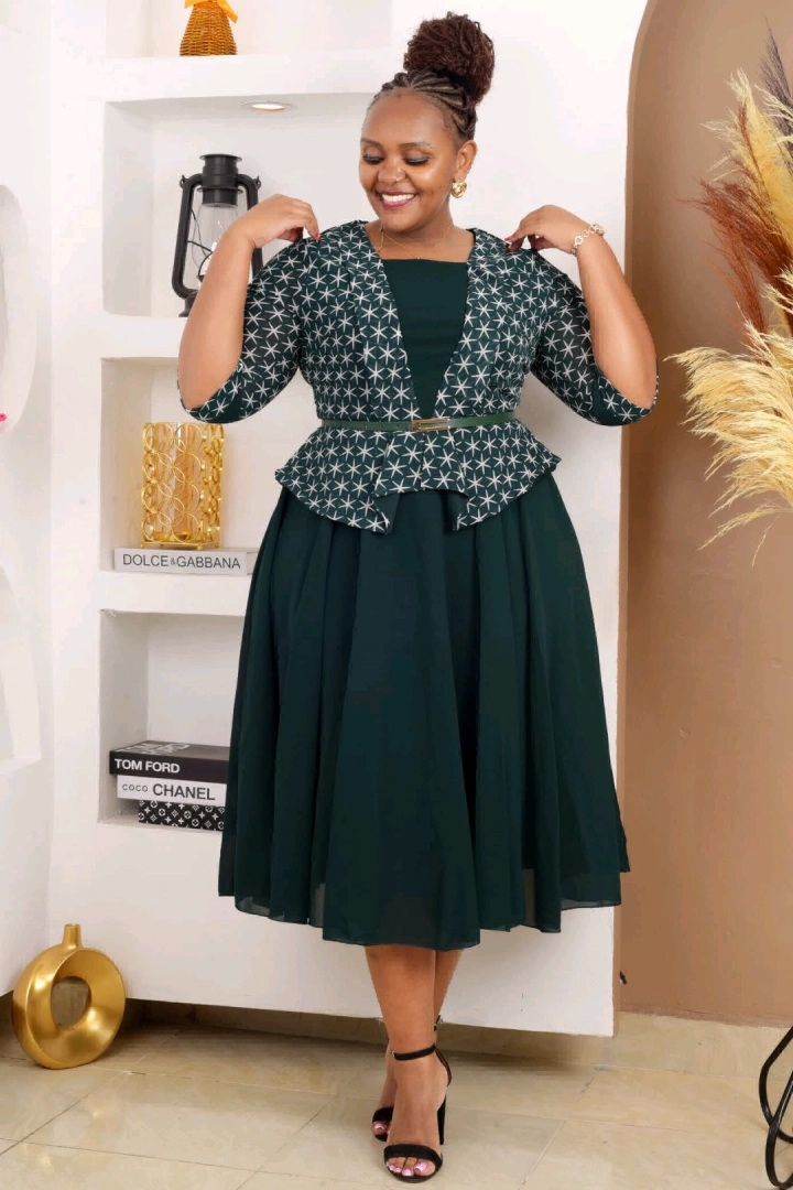 Dark Green Dress with Patterned Bolero Set