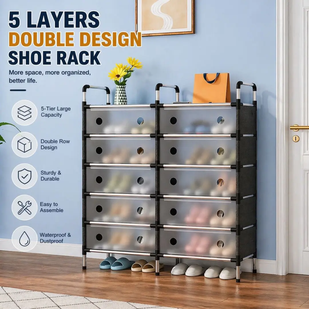 5-Layer Double Row Shoe Rack