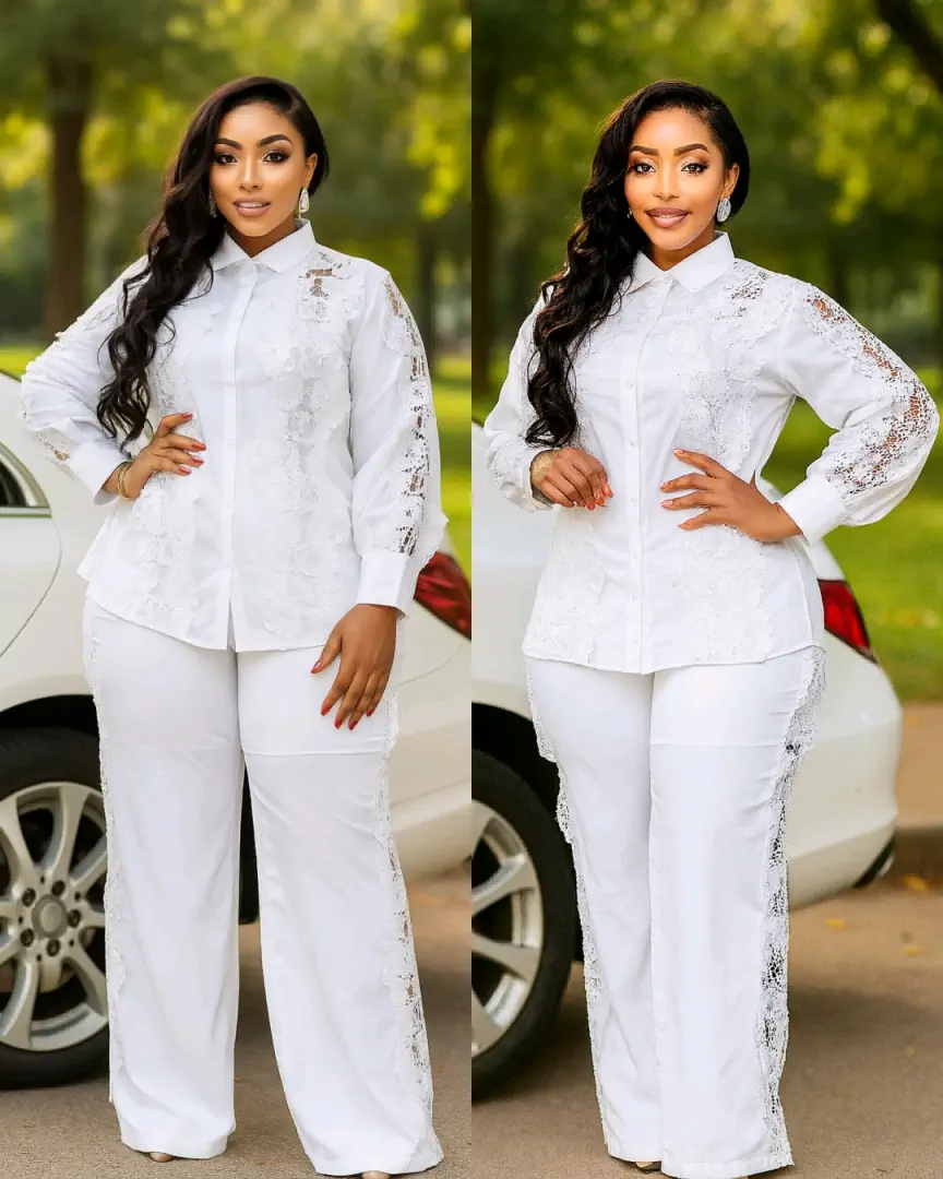 White Two-Piece Women's Outfit with Lace Details