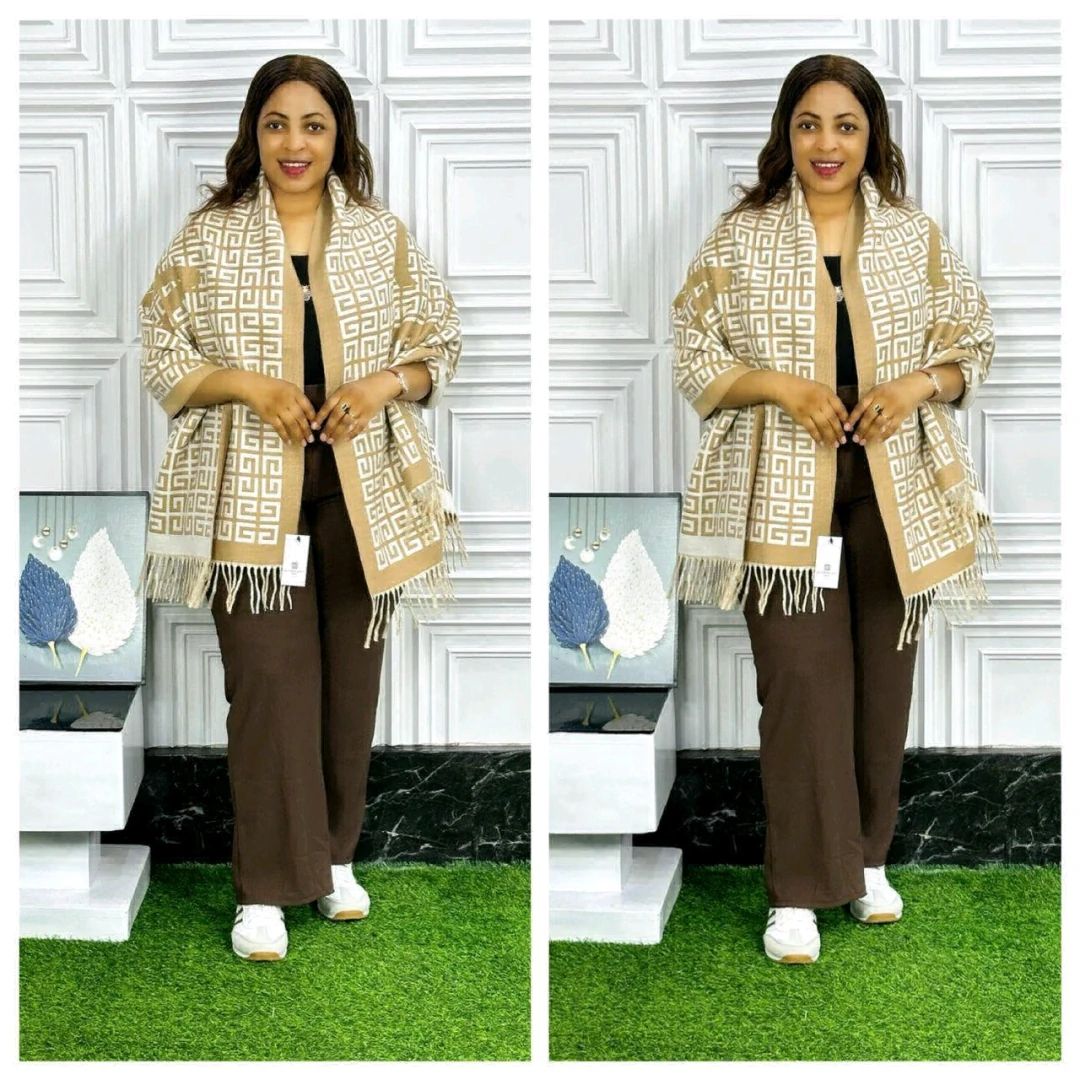 Women's Beige and Brown Patterned Shawl Poncho Set