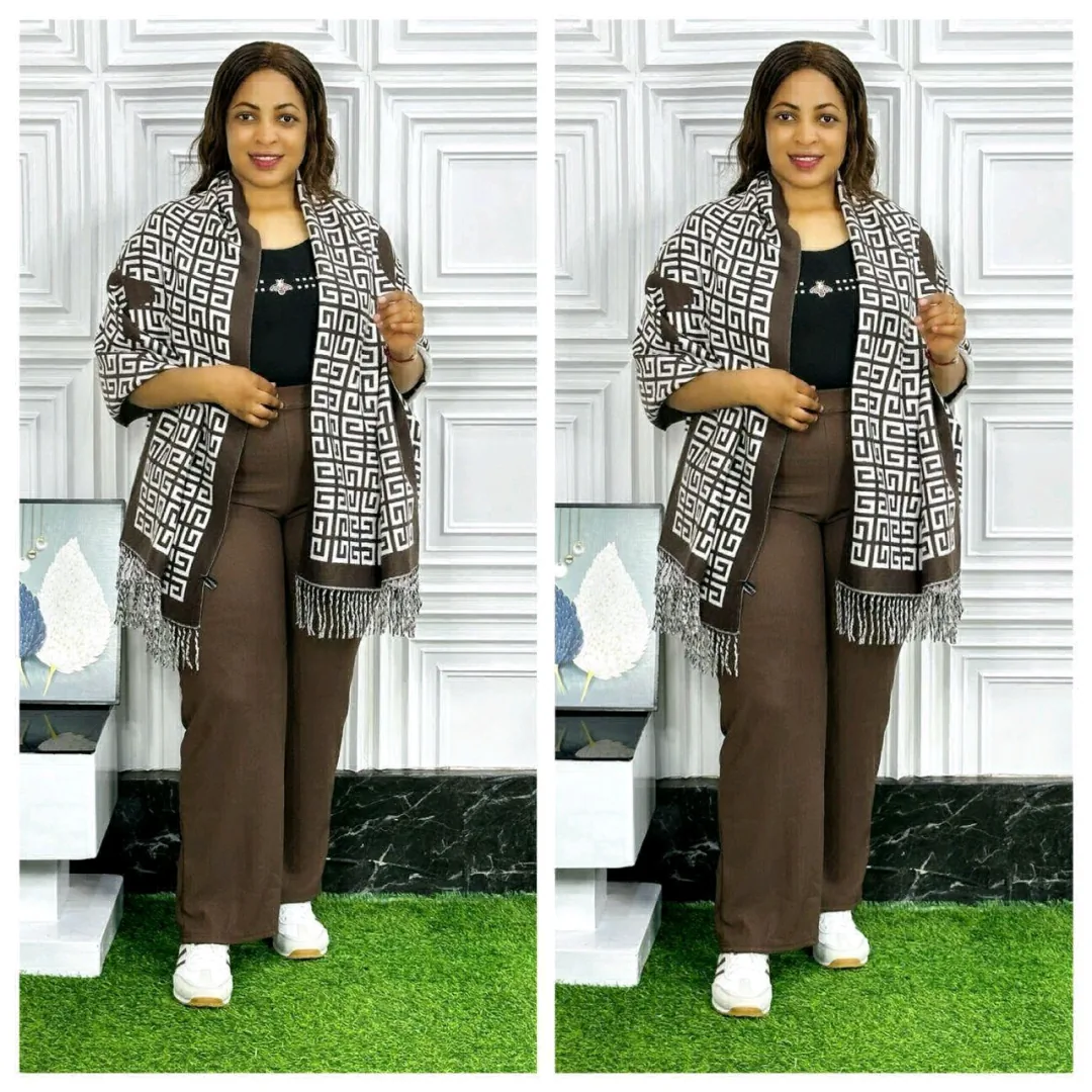 Women's Beige and Brown Patterned Shawl Poncho Set thumbnail 2