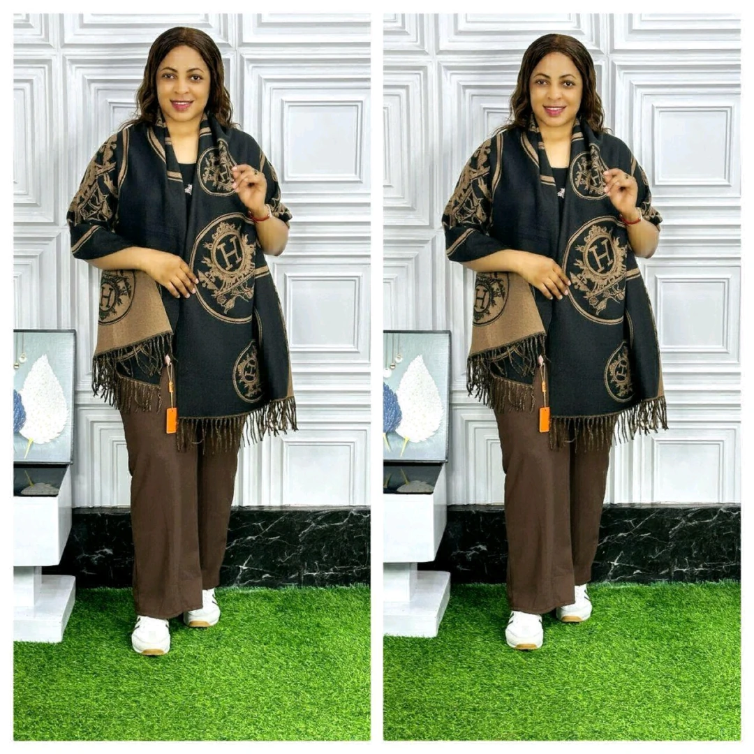 Women's Beige and Brown Patterned Shawl Poncho Set thumbnail 5