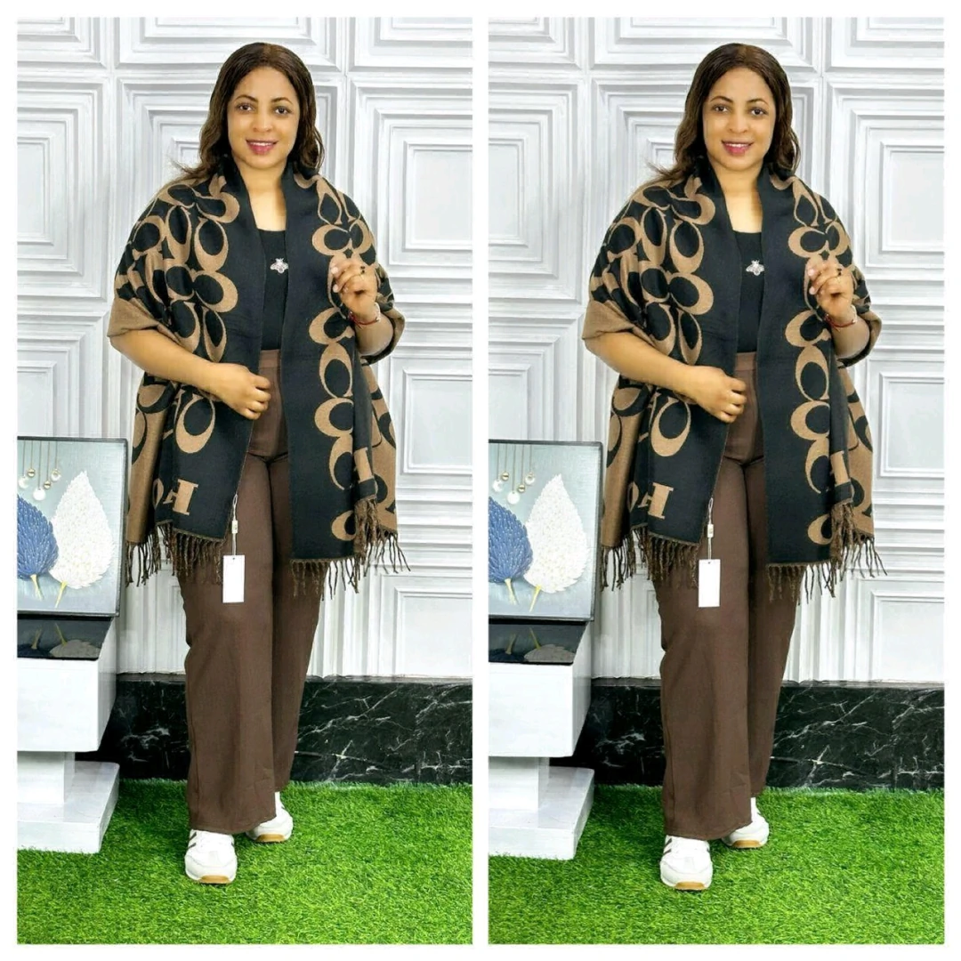 Women's Beige and Brown Patterned Shawl Poncho Set thumbnail 8