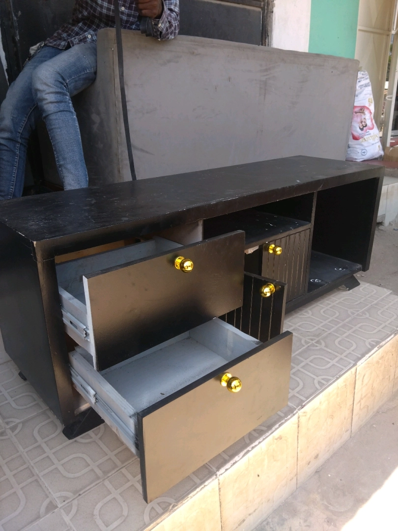 Black Wooden TV Stand Cabinet with Gold Handles