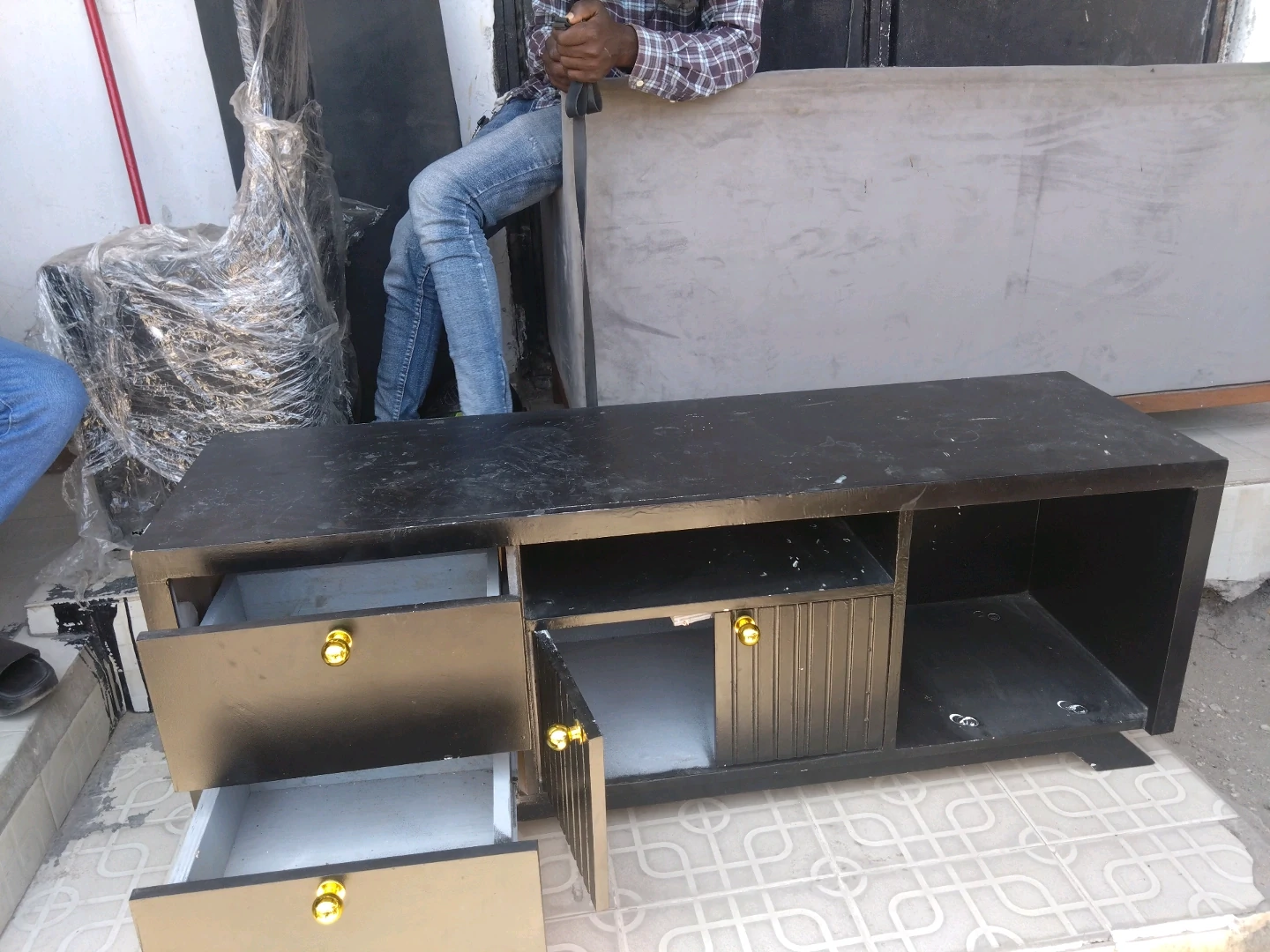 Black Wooden TV Stand Cabinet with Gold Handles thumbnail 3