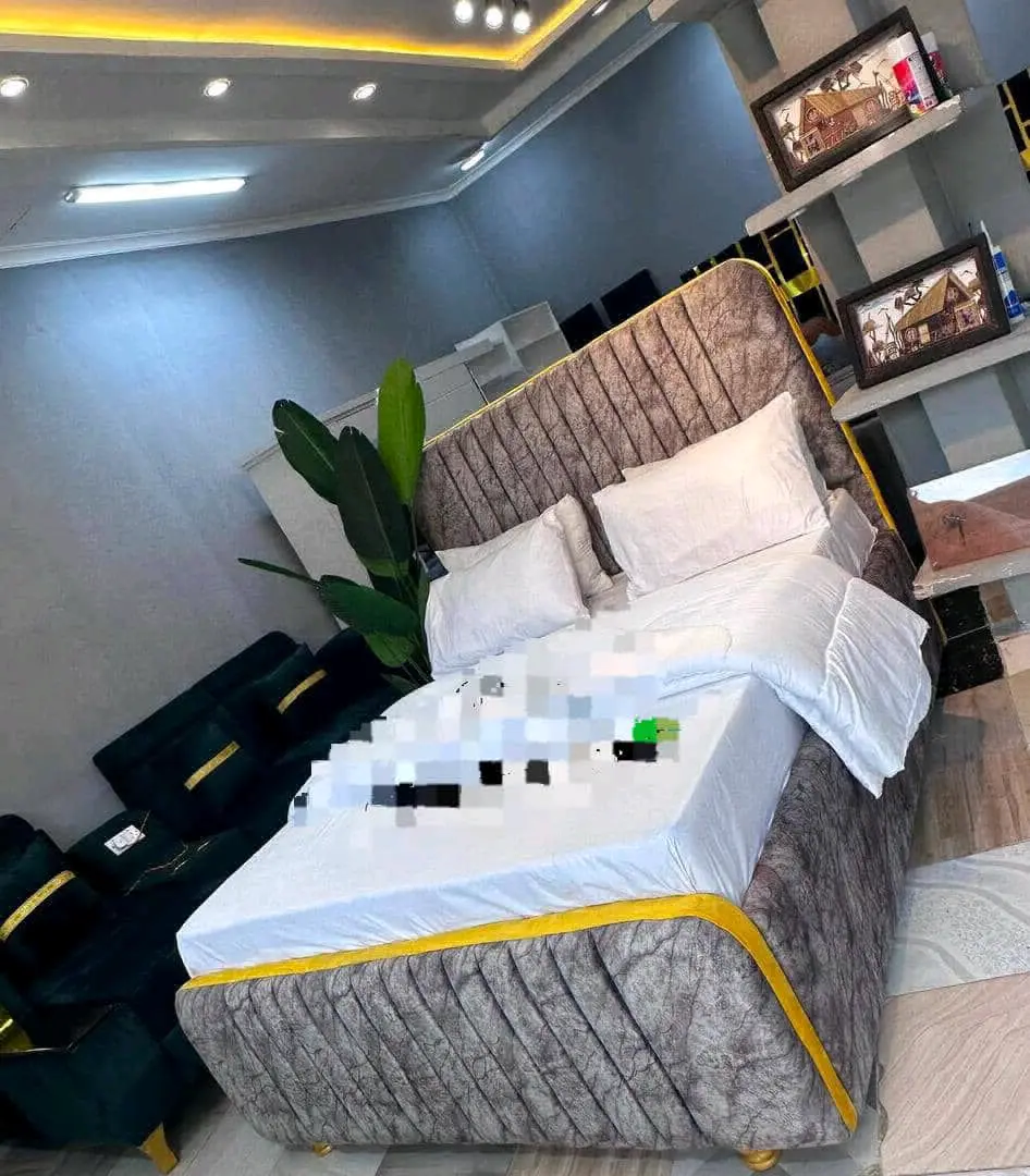 Upholstered Double Bed with Leaf Pattern Bedding thumbnail 2