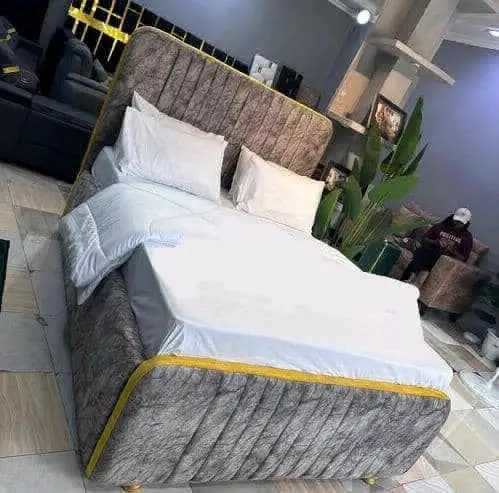 Upholstered Double Bed with Leaf Pattern Bedding thumbnail 4