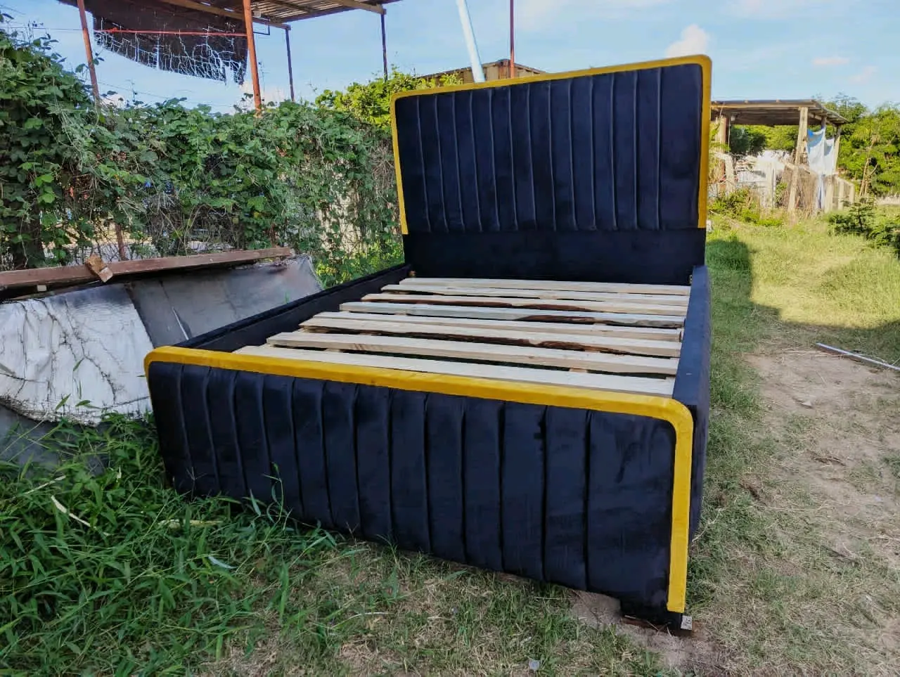 Upholstered Double Bed with Leaf Pattern Bedding thumbnail 5