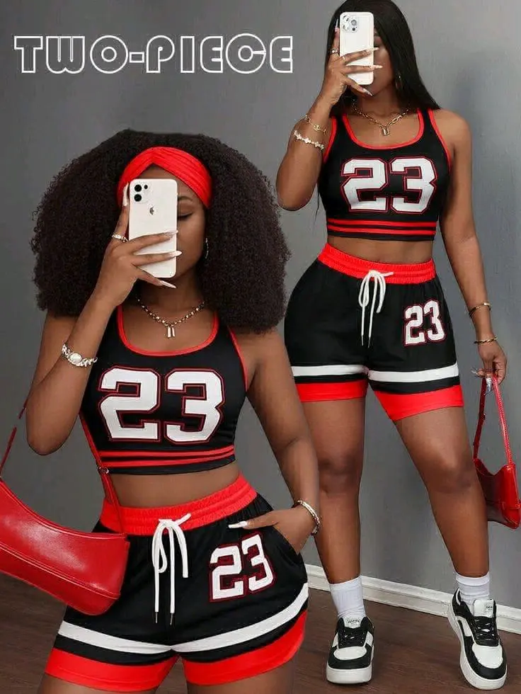 Tracksuit Set (Crop Top & Shorts) - Black/Red