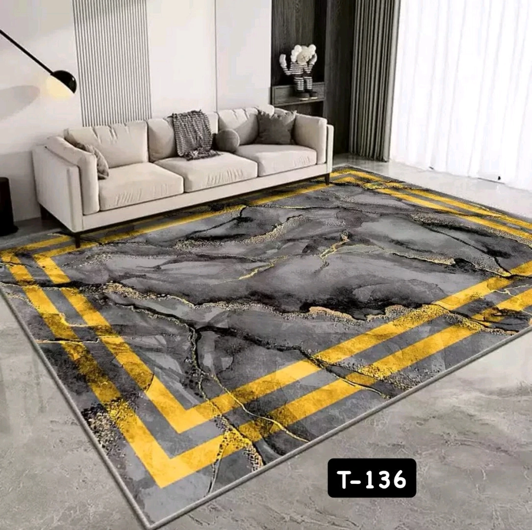 3D Velvet Carpet Grey and Yellow Geometric Pattern