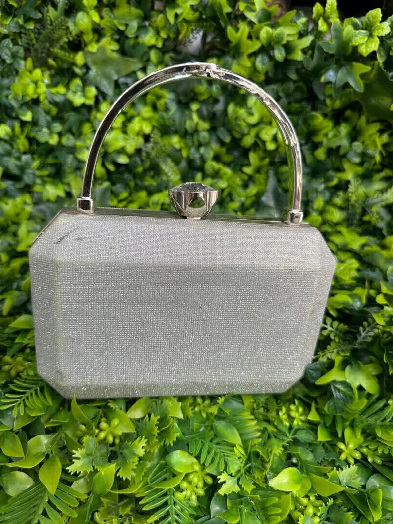 Sparkly Silver/Grey Clutch Bag with Metallic Handle