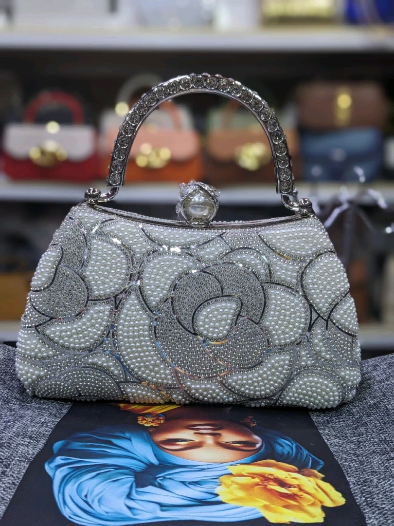 White Clutch Handbag with Rhinestones and Metallic Handle