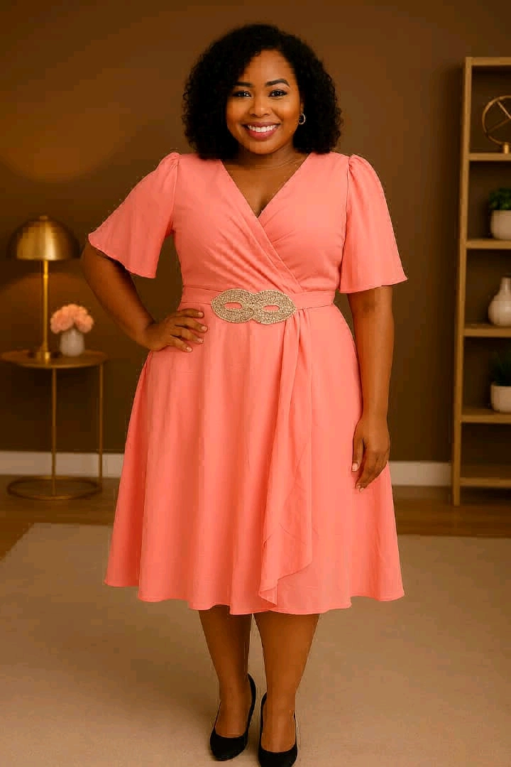 Women's Peach V-Neck Wrap Dress