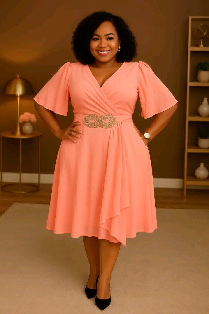 Women's Peach V-Neck Wrap Dress thumbnail 3